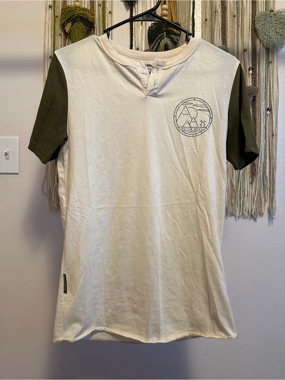 Dutch Bros Two-Tone Short Sleeve Henley - Cream & Olive